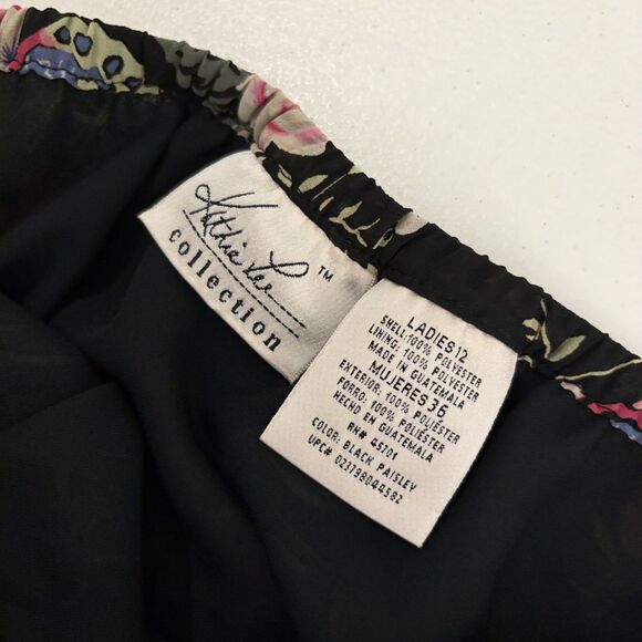 Kathie Lee Skirt Women's 12 Black Floral Paisley Slit Lined Colorful Printed - Picture 7 of 9